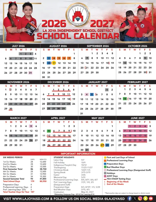 La Joya Independent School District 2026–2027 Academic Calendar Page 1