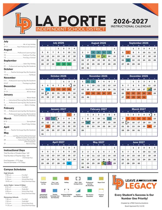 La Porte Independent School District 2026–2027 Academic Calendar