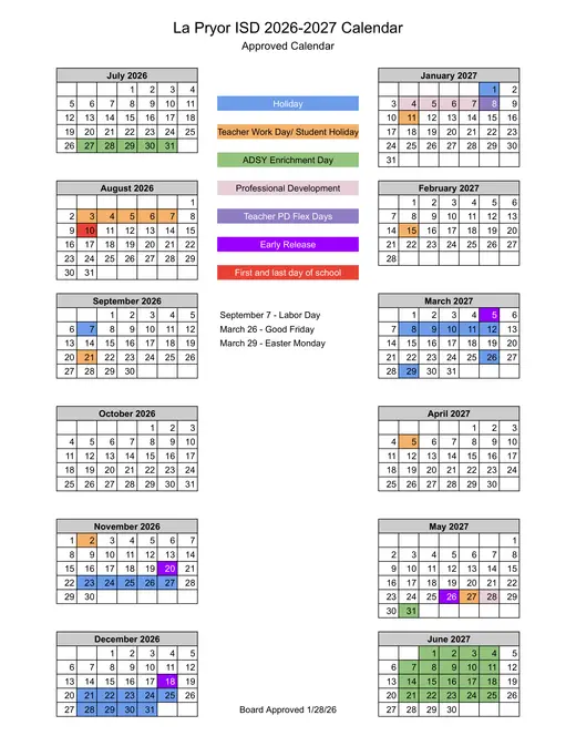 LA Pryor ISD 2026–2027 Academic Calendar Page 1