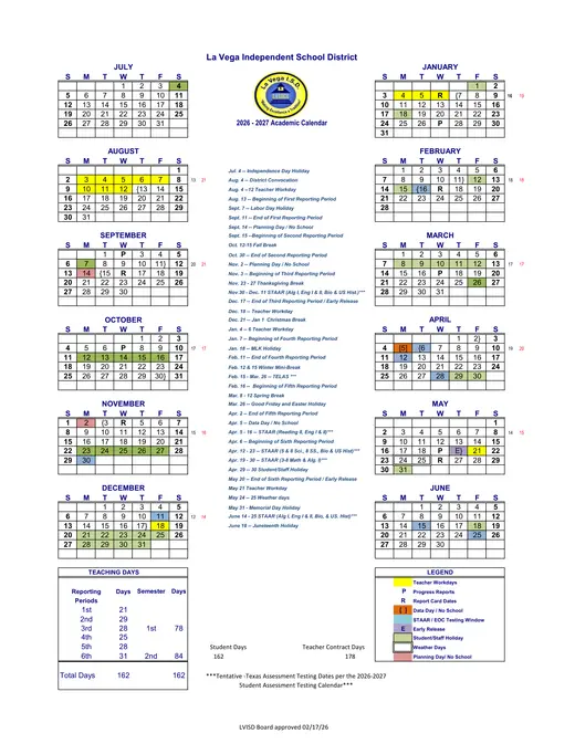 La Vega Independent School District 2026–2027 Academic Calendar