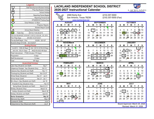 Lackland ISD 2026–2027 Academic Calendar Page 1