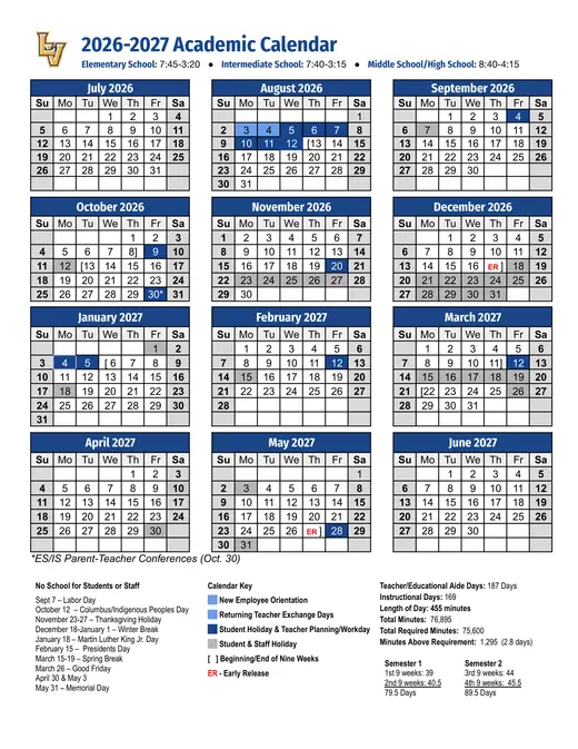 Lago Vista ISD 2026–2027 Academic Calendar Page 1
