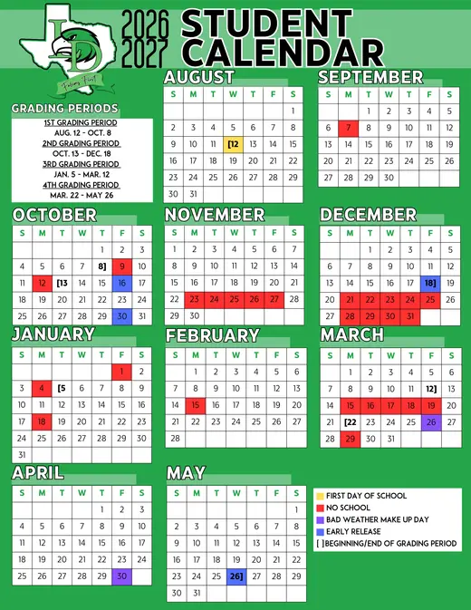 Lake Dallas ISD 2026–2027 Academic Calendar Page 1