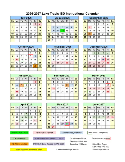 Lake Travis ISD 2026–2027 Academic Calendar Page 1