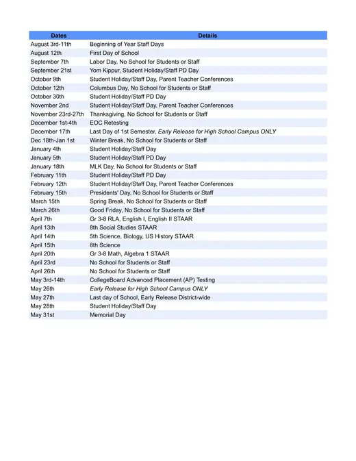 Lake Travis ISD 2026–2027 Academic Calendar Page 2