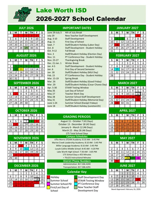 Lake Worth ISD 2026–2027 Academic Calendar
