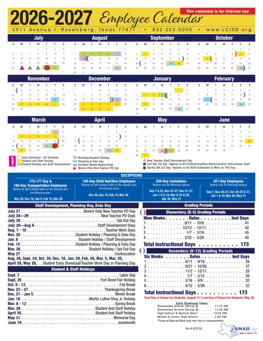 Lamar CISD 2026–2027 Academic Calendar Page 1