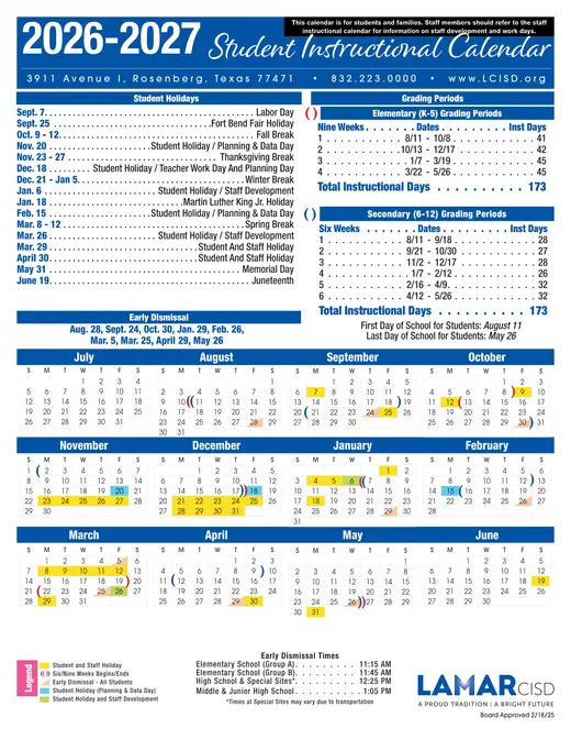 Lamar LCISD 2026–2027 Academic Calendar