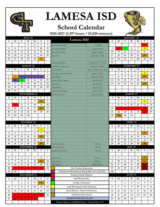 Lamesa ISD 2026–2027 Academic Calendar Page 1