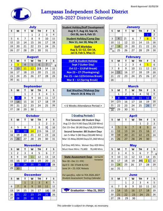 Lampasas Independent School District 2026–2027 Academic Calendar
