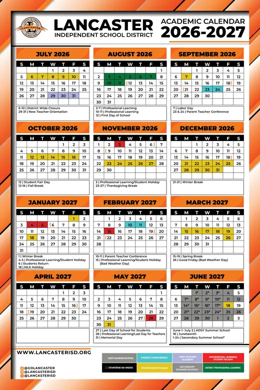 Lancaster Independent School District 2026–2027 Academic Calendar Page 1