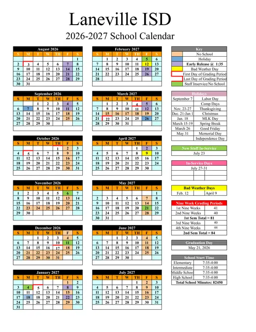 Laneville ISD 2026–2027 Academic Calendar Page 1