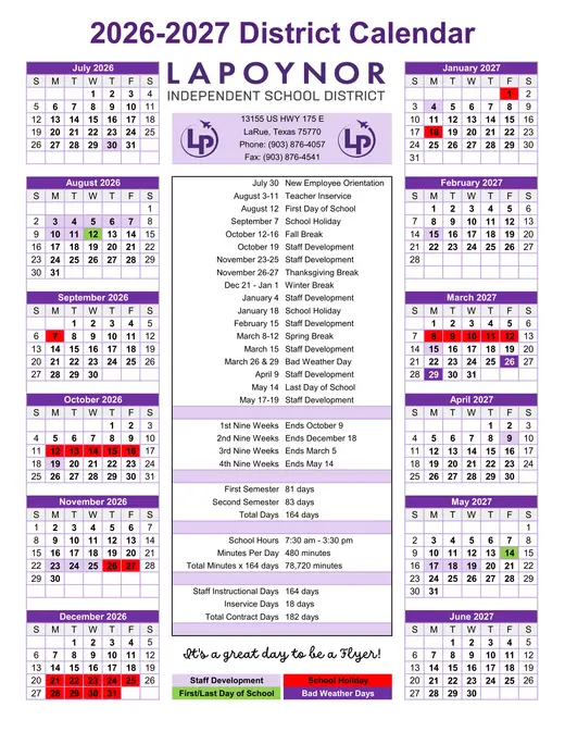 Lapoynor ISD 2026–2027 Academic Calendar Page 1