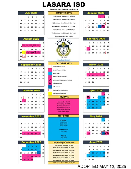 Lasara ISD 2025–2026 Academic Calendar Page 1