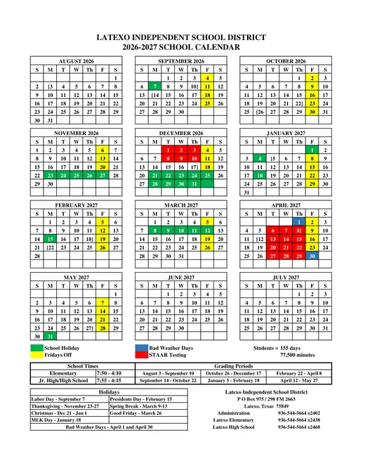 Latexo ISD 2026–2027 Academic Calendar Page 1