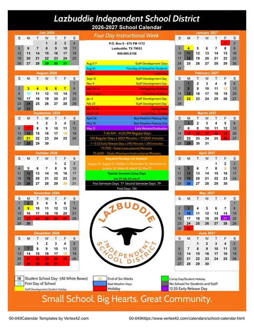 Lazbuddie ISD 2026–2027 Academic Calendar Page 1