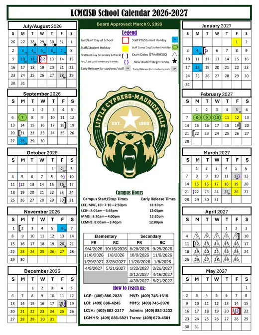 Lcmcisd 2026–2027 Academic Calendar