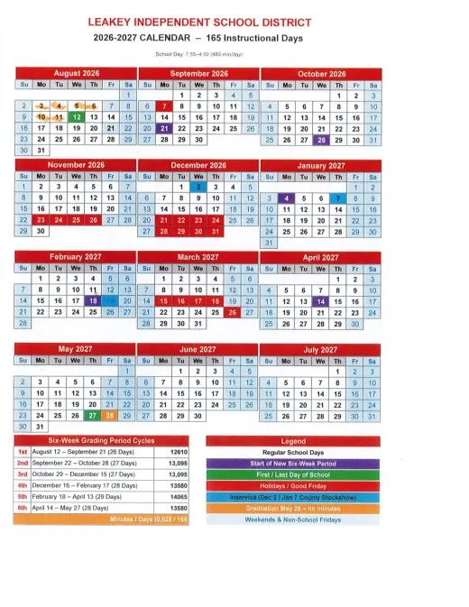 Leakey ISD 2026–2027 Academic Calendar Page 1