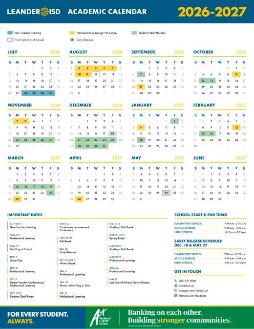 Leander ISD 2026–2027 Academic Calendar Page 1