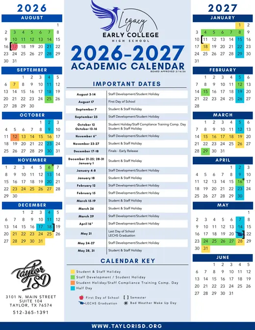 Legacy Early College High School 2026–2027 Academic Calendar