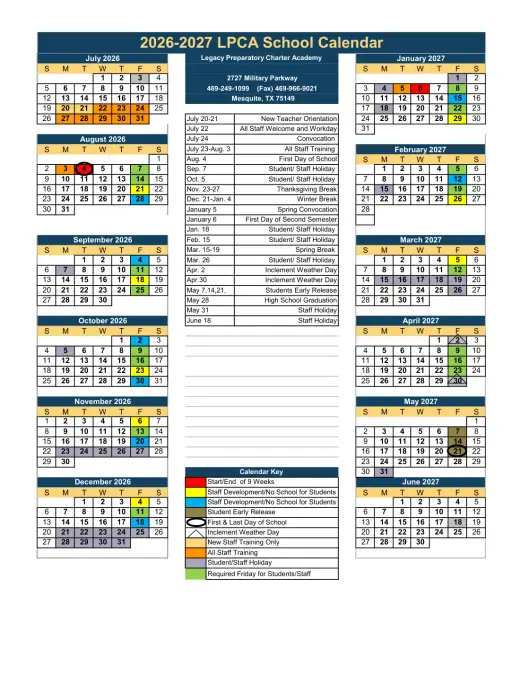 Legacy Preparatory 2026–2027 Academic Calendar Page 1
