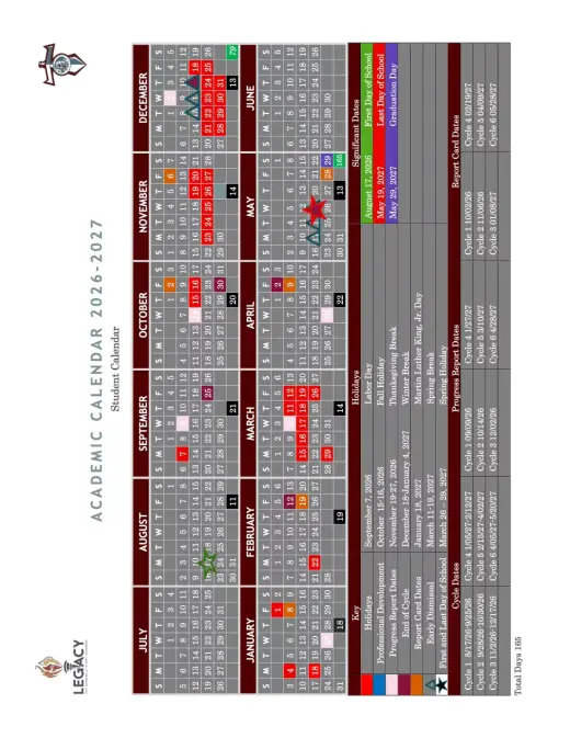 Legacy School of Sport Sciences 2026–2027 Academic Calendar Page 1