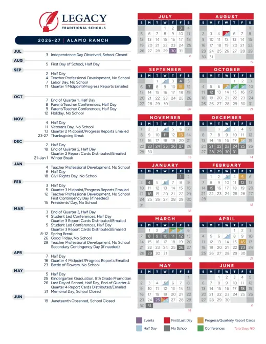 Legacy Traditional Schools - Texas 2026–2027 Academic Calendar Page 1