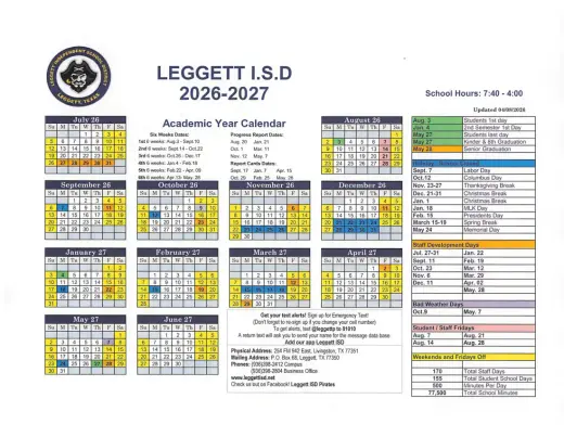 Leggett ISD 2026–2027 Academic Calendar Page 1
