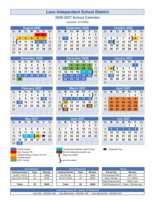 Leon ISD 2026–2027 Academic Calendar Page 1