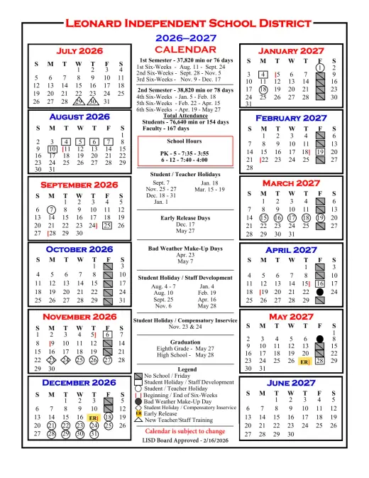 Leonard ISD 2026–2027 Academic Calendar Page 1