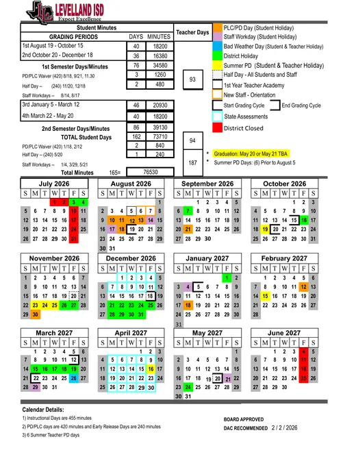 Levelland ISD 2026–2027 Academic Calendar Page 1
