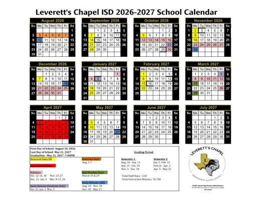 Leveretts Chapel ISD 2026–2027 Academic Calendar Page 1
