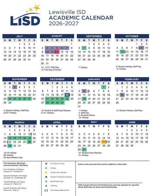 Lewisville ISD 2026–2027 Academic Calendar