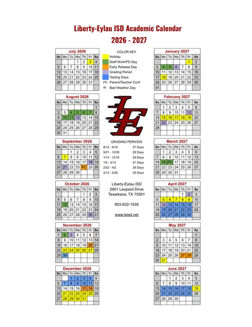 Liberty-Eylau ISD 2026–2027 Academic Calendar