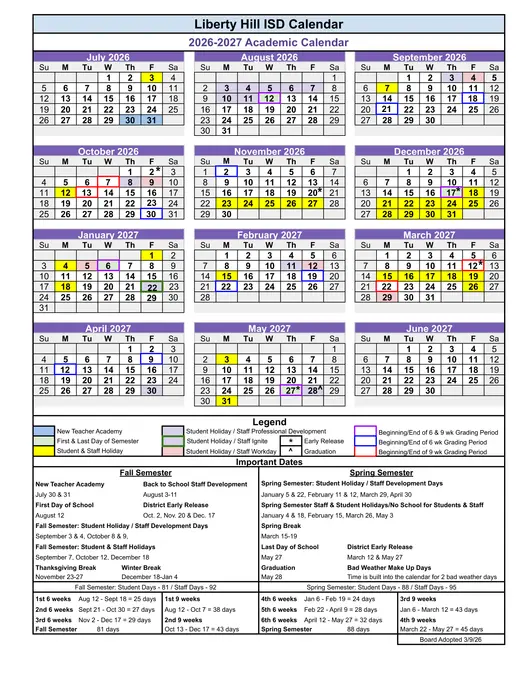 Liberty Hill ISD 2026–2027 Academic Calendar