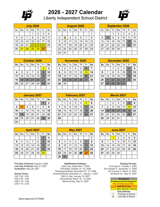 Liberty Independent School District 2026–2027 Academic Calendar