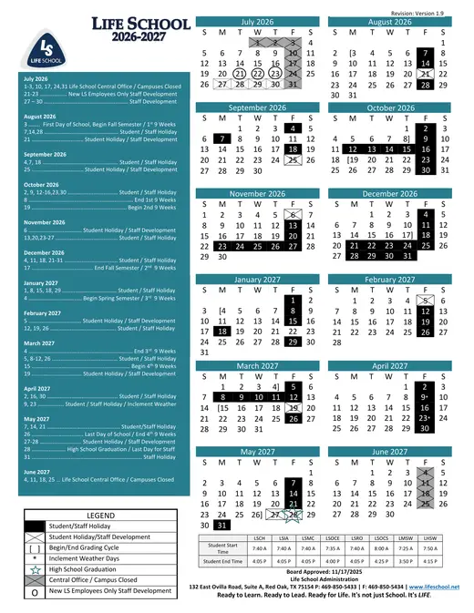 Life School 2026–2027 Academic Calendar