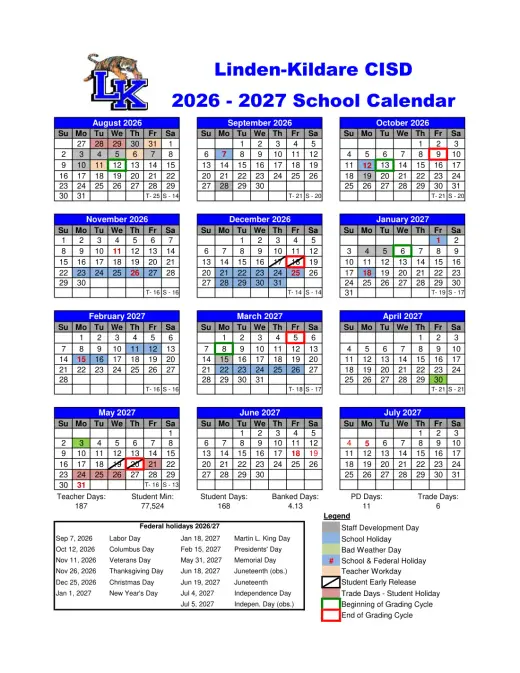 Linden-Kildare CISD 2026–2027 Academic Calendar Page 1