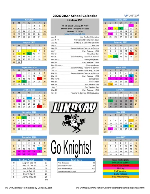 Lindsay ISD 2026–2027 Academic Calendar Page 1