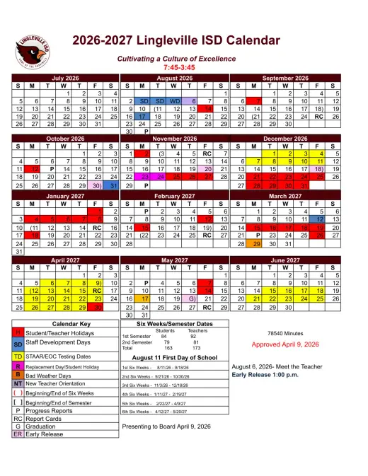 Lingleville ISD 2026–2027 Academic Calendar Page 1