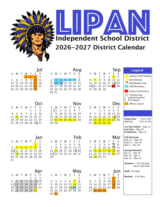Lipan ISD 2026–2027 Academic Calendar Page 1