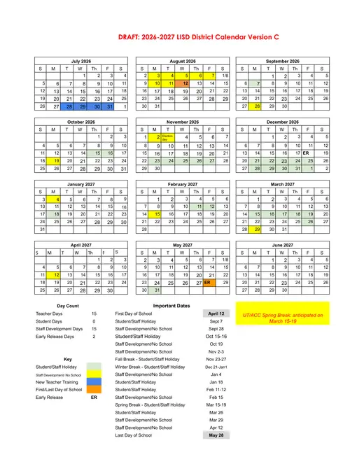LISD District 2026–2027 Academic Calendar