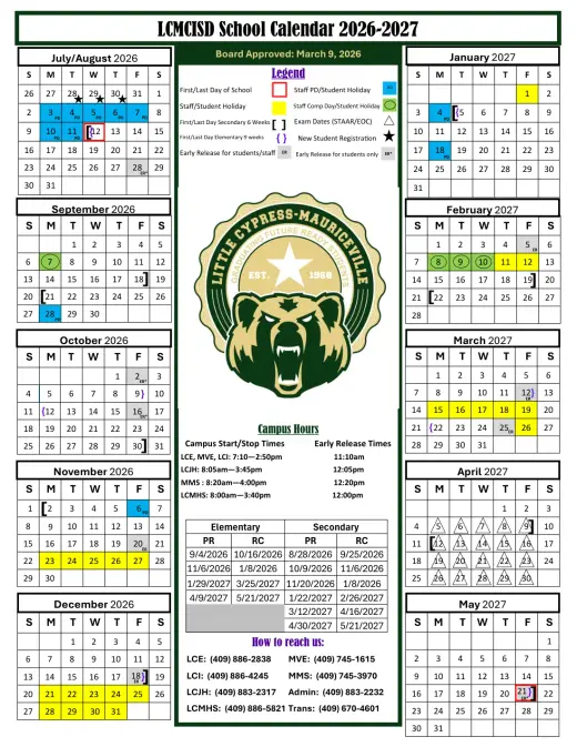 Little Cypress-Mauriceville CISD 2026–2027 Academic Calendar Page 1