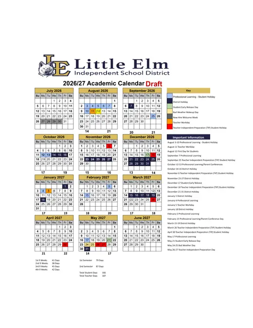 Little Elm Independent School District 2025–2026 Academic Calendar Page 1