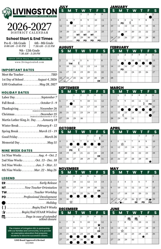 Livingston Independent School District 2026–2027 Academic Calendar