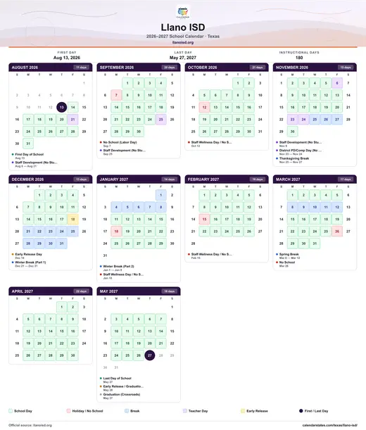Llano ISD 2026–2027 printable school calendar — every month on one sheet