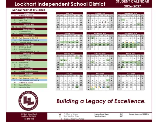 Lockhart Independent School District 2026–2027 Academic Calendar