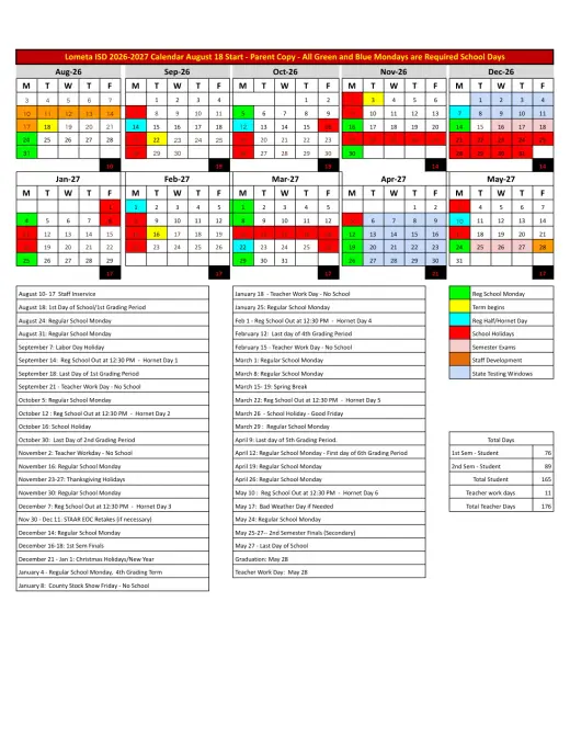 Lometa ISD 2026–2027 Academic Calendar Page 1