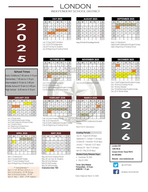 London Independent School District 2025–2026 Academic Calendar