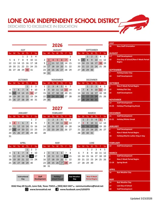 Lone Oak Independent School District 2026–2027 Academic Calendar